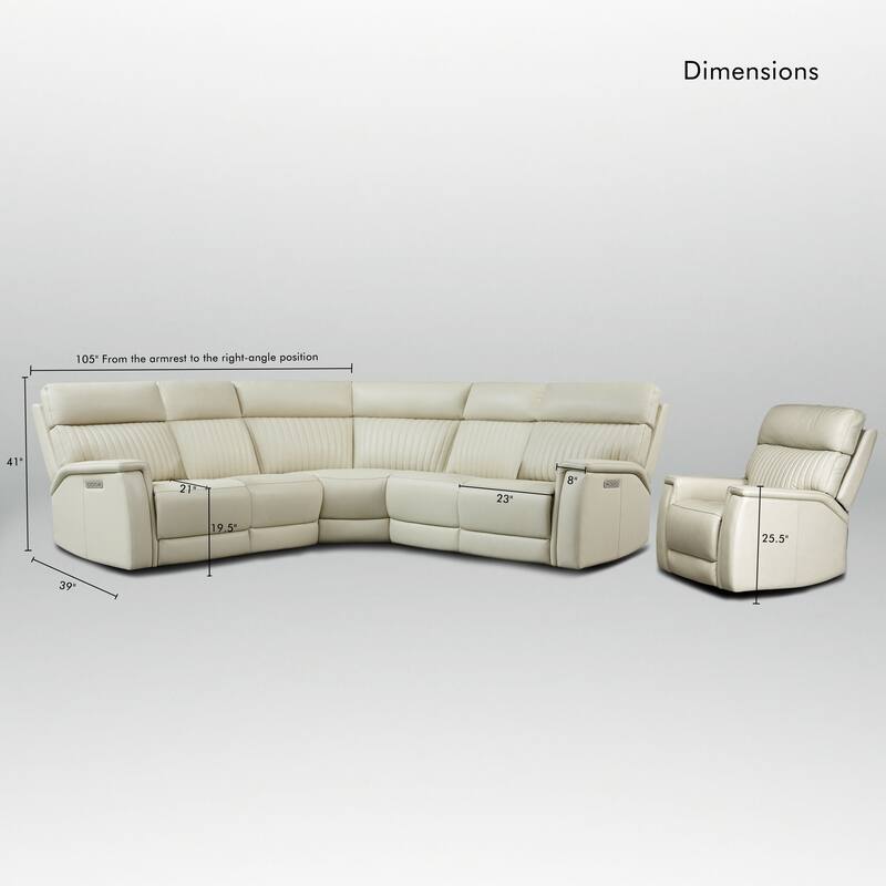 105" W Genuine Leather Power Reclining Sectional and Recliner Sofa Set with USB&USB-C Port, 2 Stationary Armlesschairs