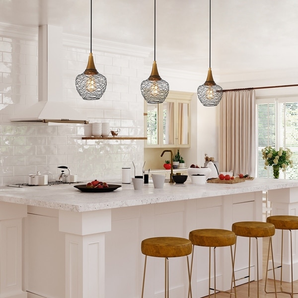 Alisar Mid Century Modern 7inch Mini Farmhouse Metal Cage Lantern Pendant Black Wire Kitchen Island Bar Ceiling Lights