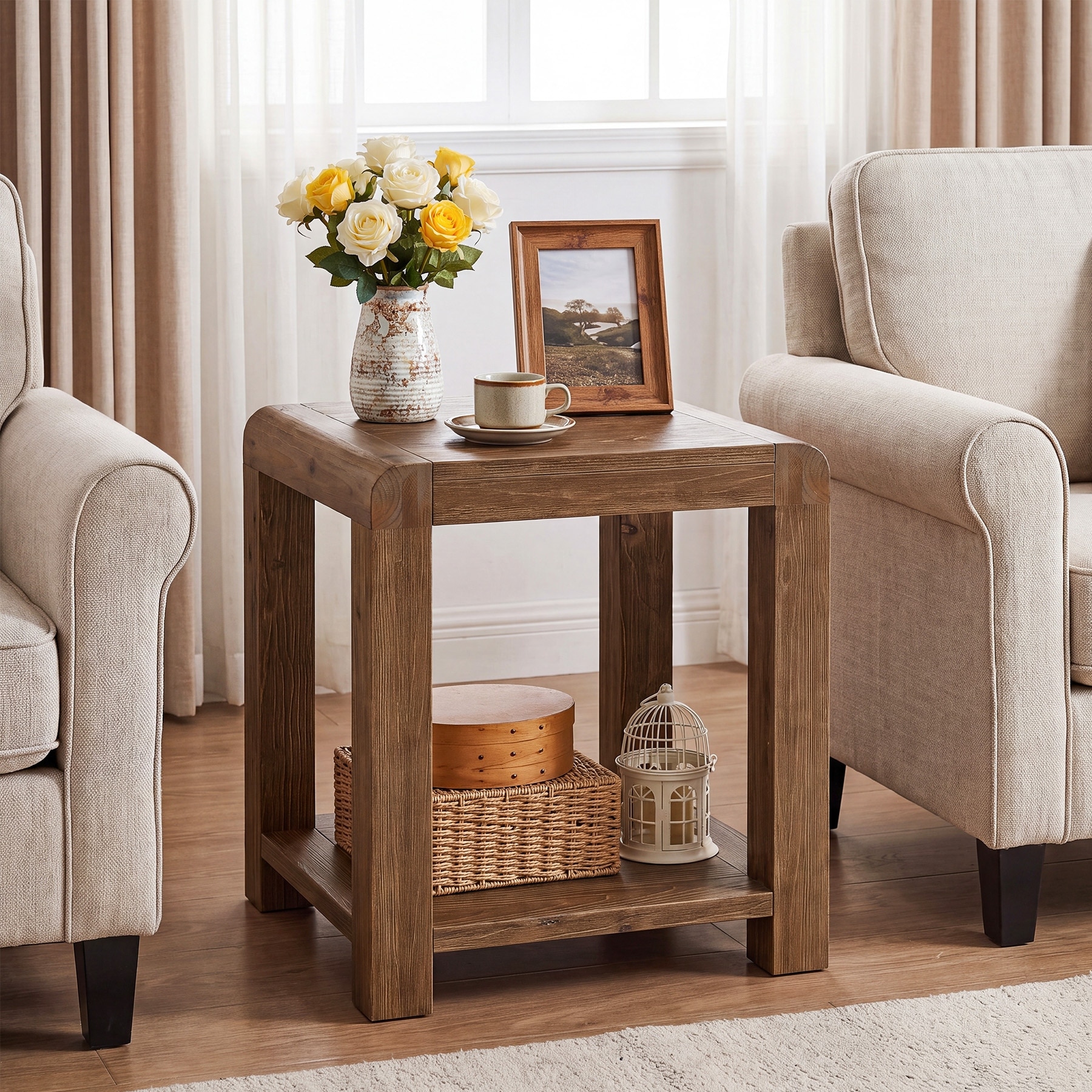 Solid Wood End Table with 2-tier Open Storage Shelf, Farmhouse Side Table - 19.7" W x 19.7" L x 25.6" H