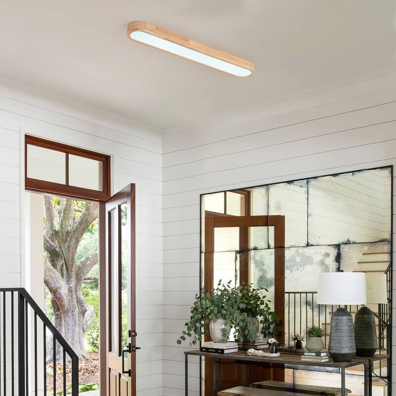 Modern LED Linear Ceiling Light Flush Mount Wood Finish 36 Inch Kitchen Dining Room - N/A