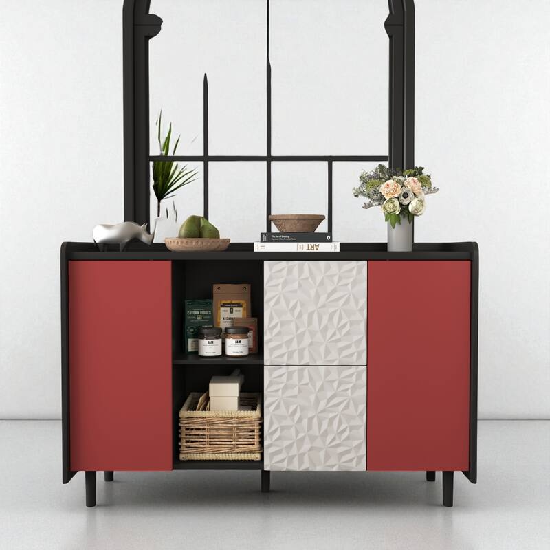Modern Black Sideboard Buffet Cabinet with Doors, 2 Drawers, and Open Storage for Kitchen or Dining Room - Black Red