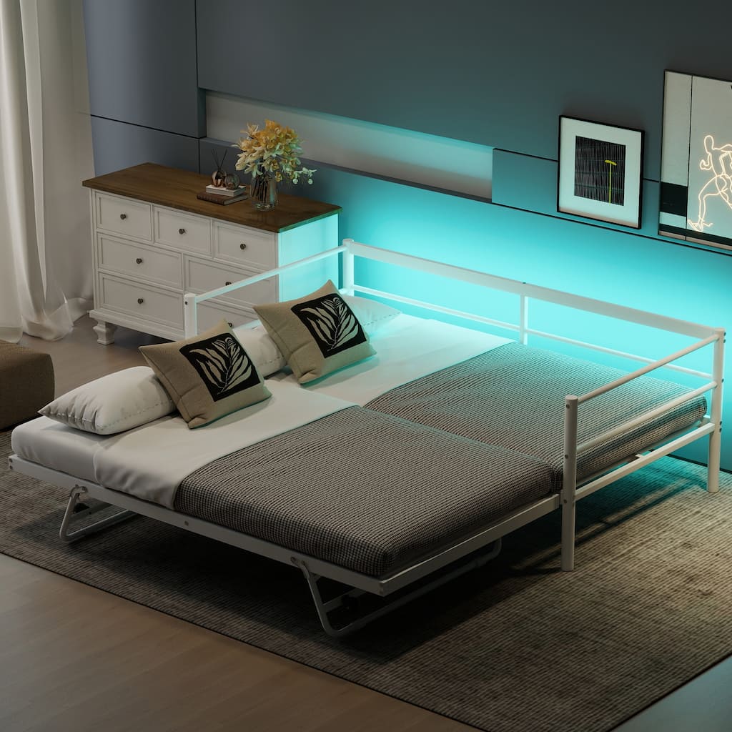 Twin Size Metal Daybed with LED Light, Adjustable Trundle, White
