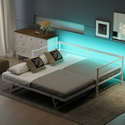 Twin Size Metal Daybed with LED and Adjustable Trundle, Pop Up Trundle, White