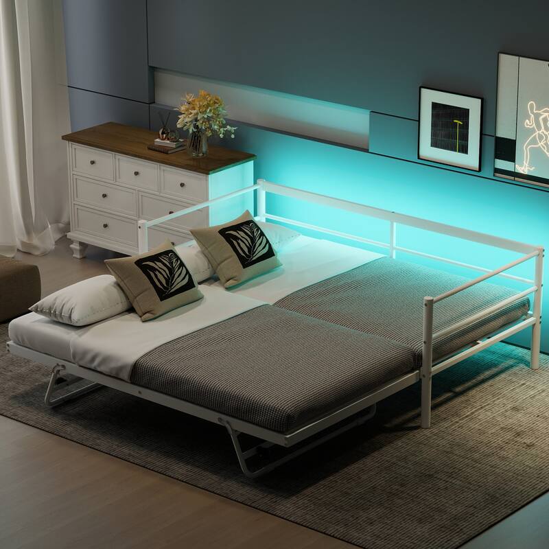 Twin Size Metal Daybed with Light Strip and Adjustable Pop Up Trundle Bed, White Sofa Bed Frame with Solid Metal Slats Support