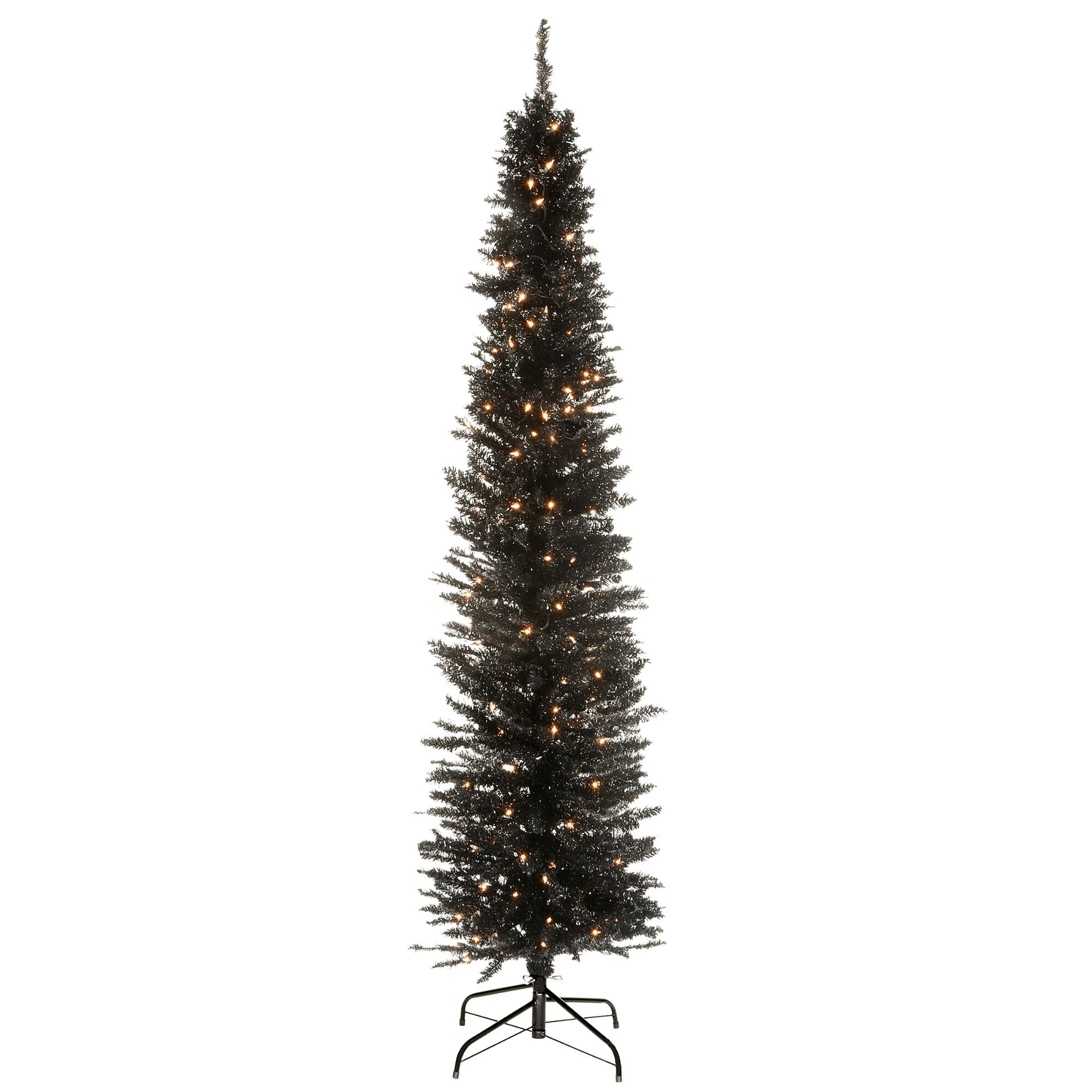 6' Pre-Lit Pencil Black Tinsel Artificial Christmas Tree Clear Lights - 6 Foot
