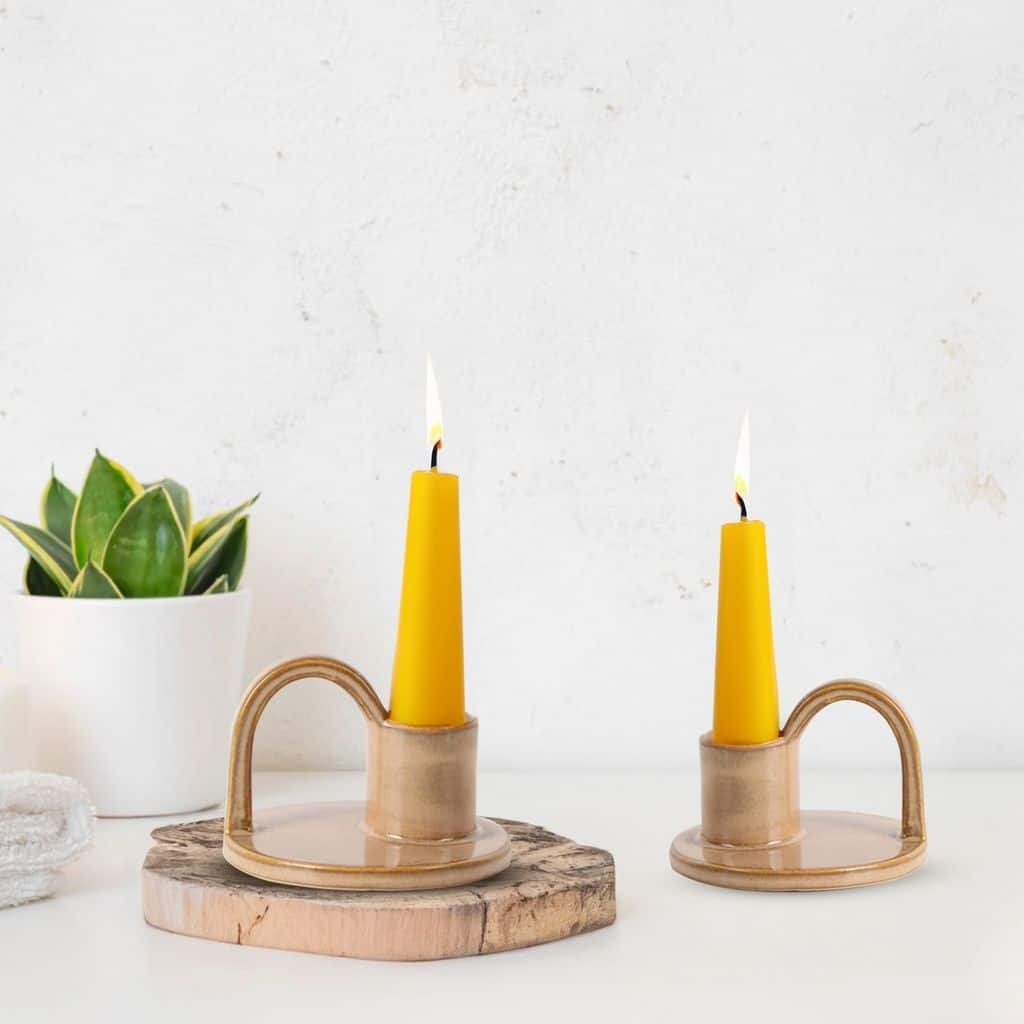 Set of Two Elise Short Candlesticks in Tan
