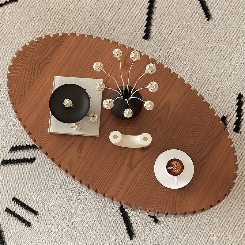 Oval Coffee Table Handcrafted Relief Sturdy Pedestal Wooden Olive-Shaped Tea Table for Living Room