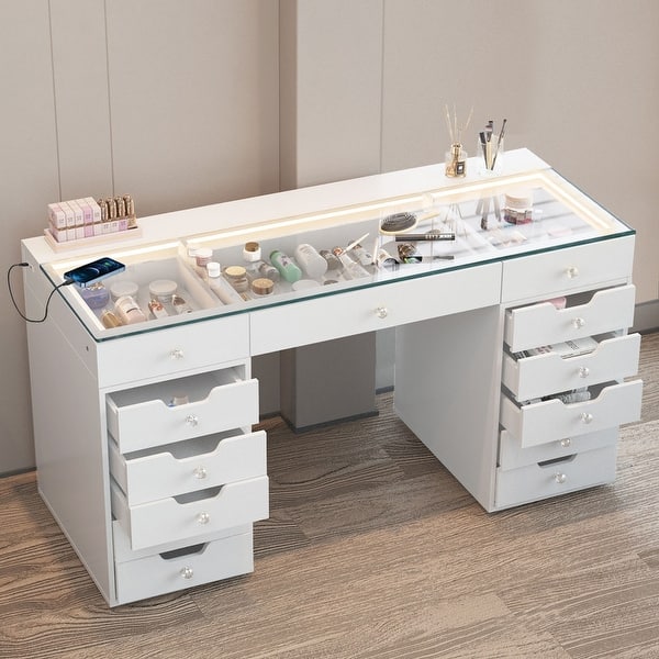 modern dresser vanity Paproos Vanity Set with 3 Color Lighted Mirror, Modern Makeup Vanity Table with Charging Station and Hair Dryer Rack, Bedroom Dressing Table with 3