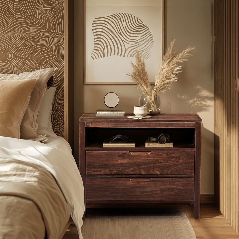 Brown Mid-Century Modern Nightstand 2 Drawers Upper Shelf P2 Density Board Solid Wood Veneer 29 inches 1 piece