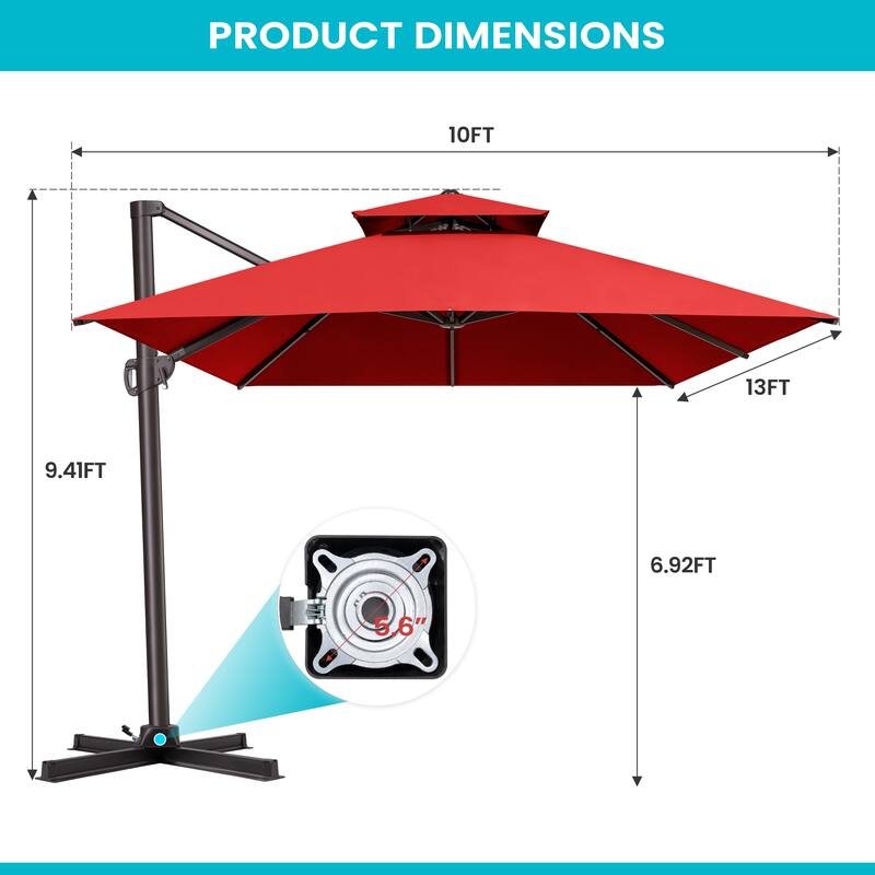 Pellebant Outdoor 10X13 FT Dual Top Patio Offset Umbrella 360 degrees Rotation with No Base