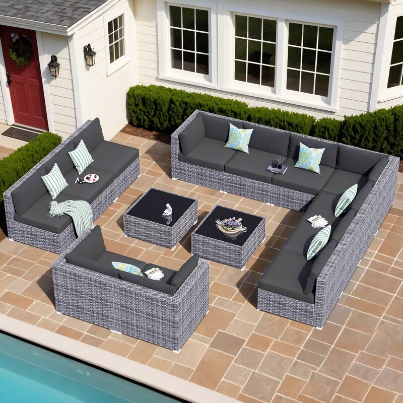 OVIOS 14-Piece Low-profile Deep Seat Wicker Outdoor Patio Furniture Set - Black