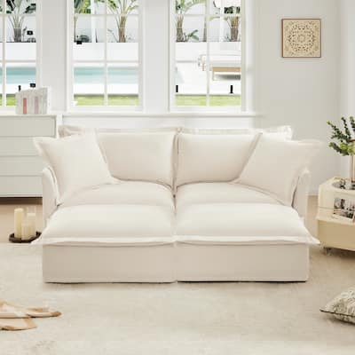 Slipcovered Chenille 2-Seater Sleeper Sofa with 2 Ottomans