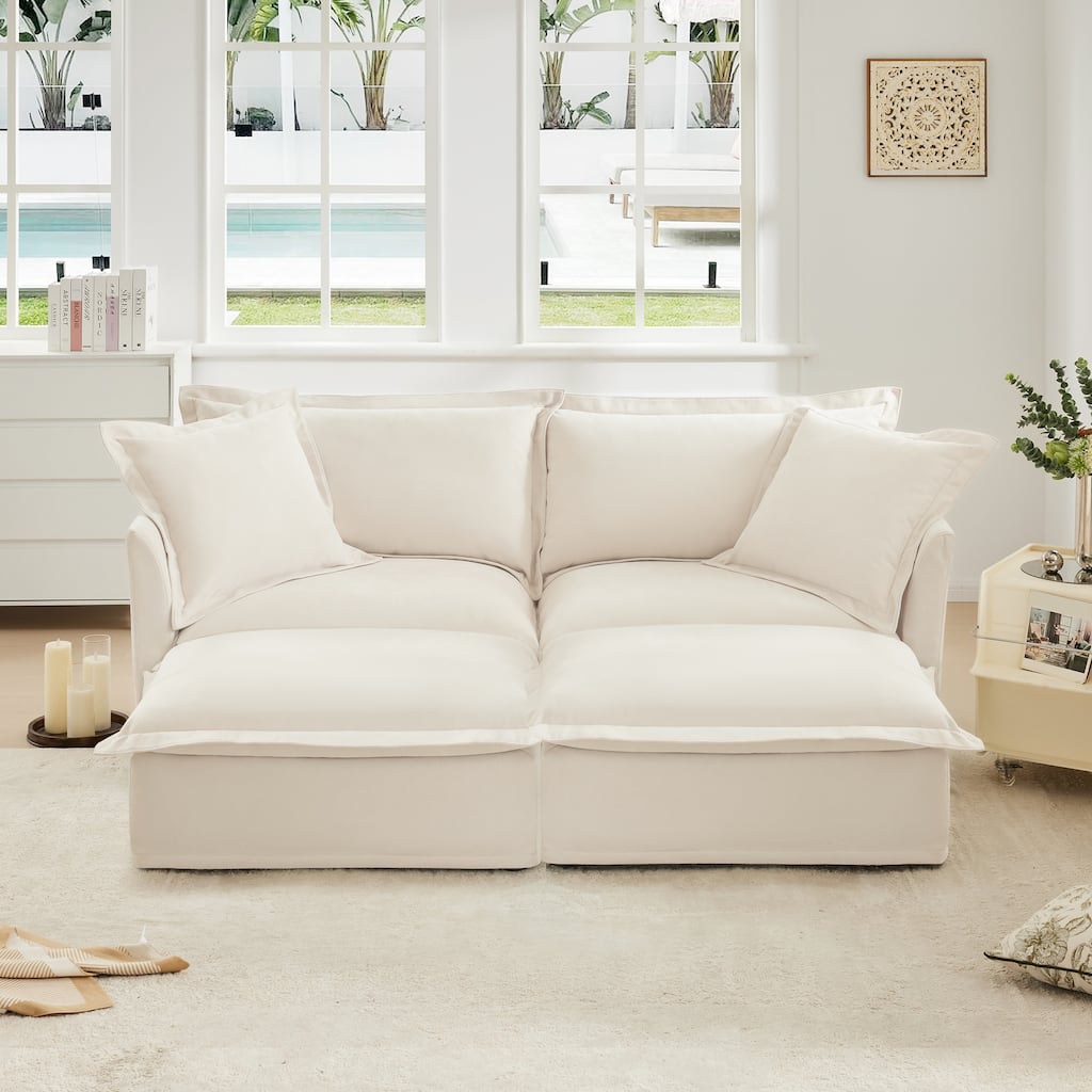 Slipcovered Chenille 2-Seater Sleeper Sofa with 2 Ottomans