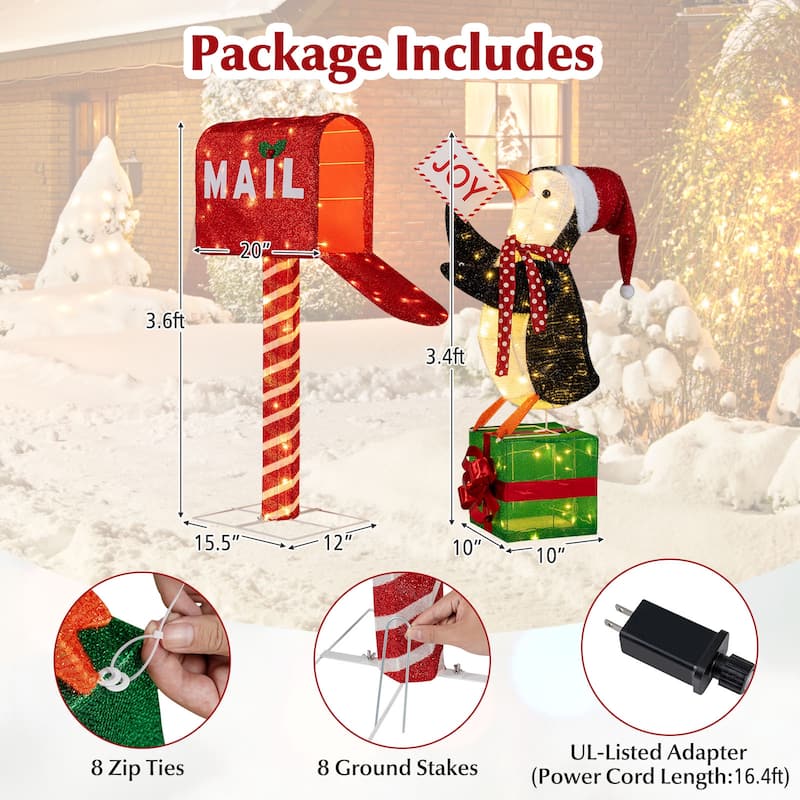 Gymax Lighted Christmas Decoration Mailbox & Penguin w/160 LED Lights - Red