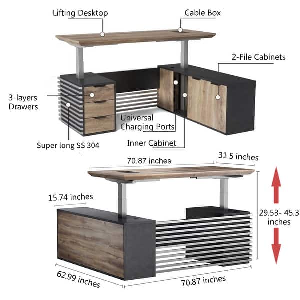 dimension image slide 5 of 7, L-Shaped Executive Desk Adjustable Height with Universal Charging Ports Drawers and Cable Management