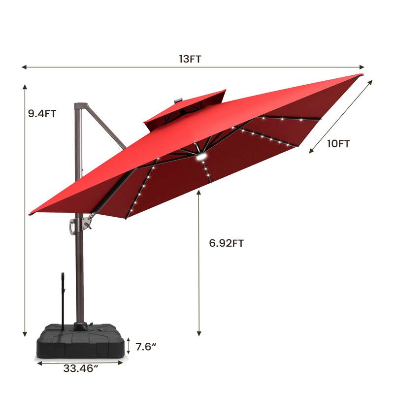 10 X 13 FT Outdoor Patio Cantilever Umbrella with Solar Lights Rod Wheel Base Double Canopy 360 Rotation Tilt