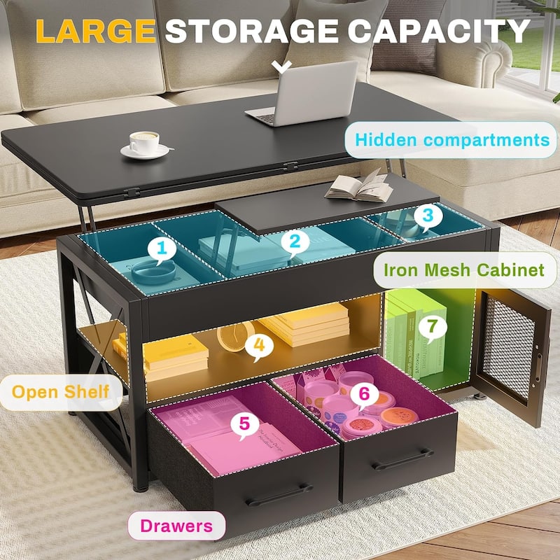 Lift Top Coffee Table Storage Cabinet 2 Fabric Drawers Living Room