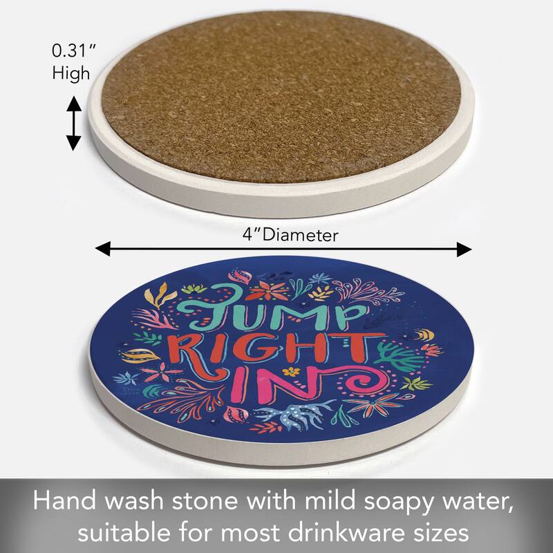 Jump In 4 Pack Absorbent Stone Coaster with Protective Cork Backing Made in The USA 4" Round, Easily Wipes Clean