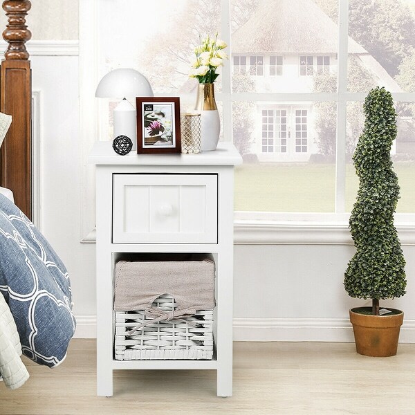 2 Tier Mini Nightstand 1 Drawer Bedside End Table Organizer Wood W Basket White