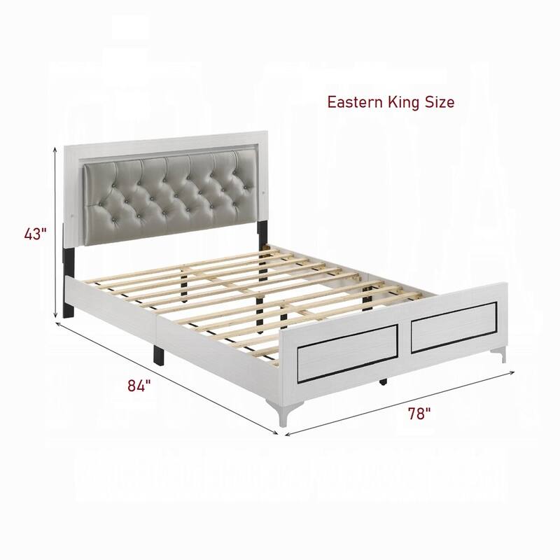 Contemporary King Size Platform Bed with LED Light Headboard, Gray PU Upholstered