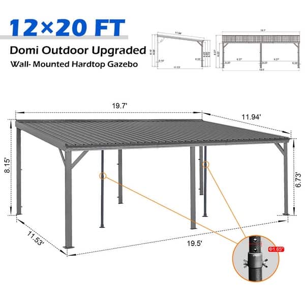 dimension image slide 5 of 6, Domi Lean to Gazebo, Outdoor Hardtop Wall Mounted Gazebo with Sloping Galvanized Steel Roof