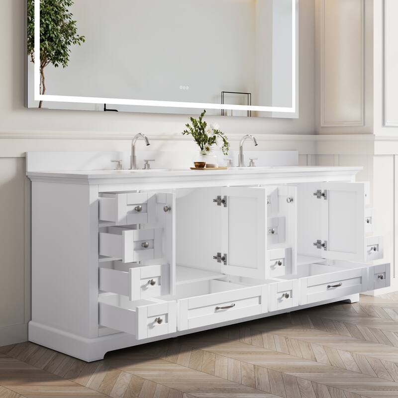 84''W Solid Wood Frame Bathroom Vanity With Pure White Culutered Marble Countertop And Double Sink