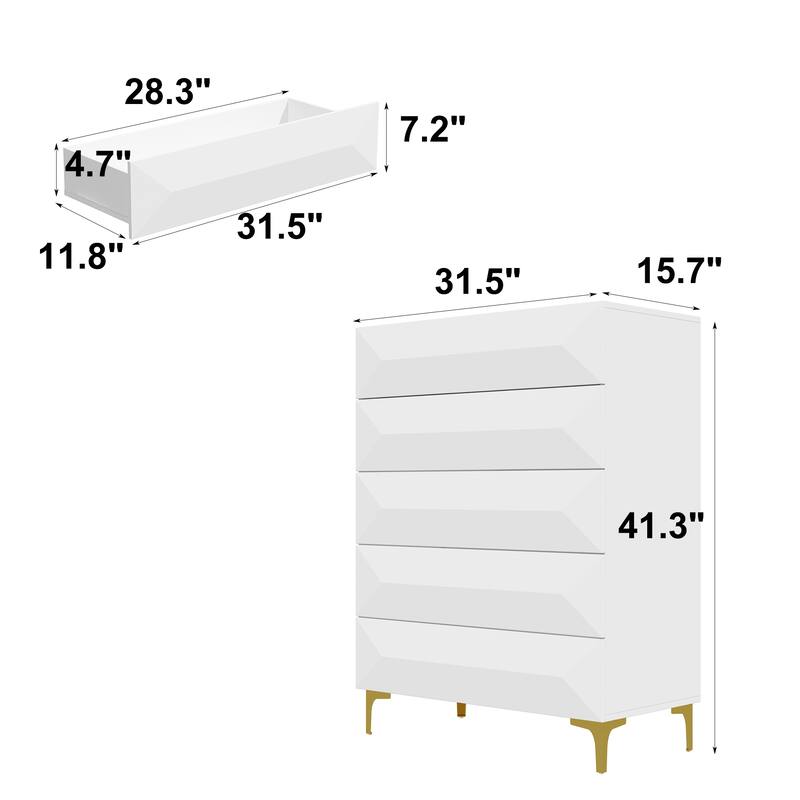 Asymmetrical Drawer Highboy - Chic White Storage Chest with Gold Legs