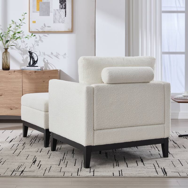 Roomfitters Boucle Accent Chair with Ottoman, Farmhouse Armchair and Reversible Lid Coffee Table Set for Living Room or Lounge