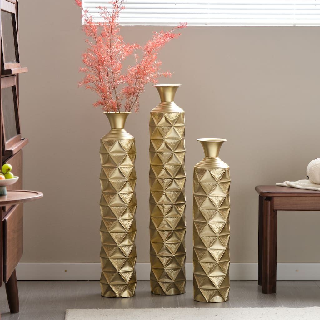 Set of 3 Metal Decorative Vase with Triangle Pattern for Home Office - 33.5in+29.5in+25.2in