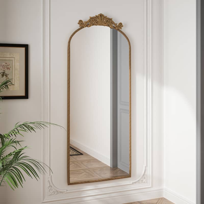 58"x24" Arched Full Body Hanging Wall Mounted Mirror with Vintage Ornate Carved Applique on Top