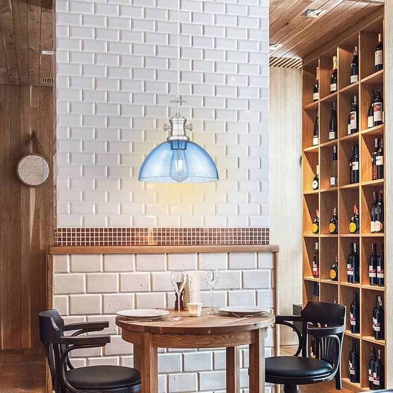 10.5” Hanging light blue glass, brushed nickel dining room lighting glass, metal pendant light