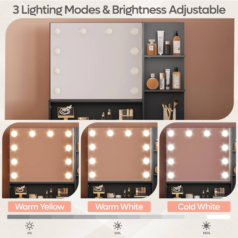 Makeup Vanity Desk Stool Set with Lighted Mirror & USB Power Outlet