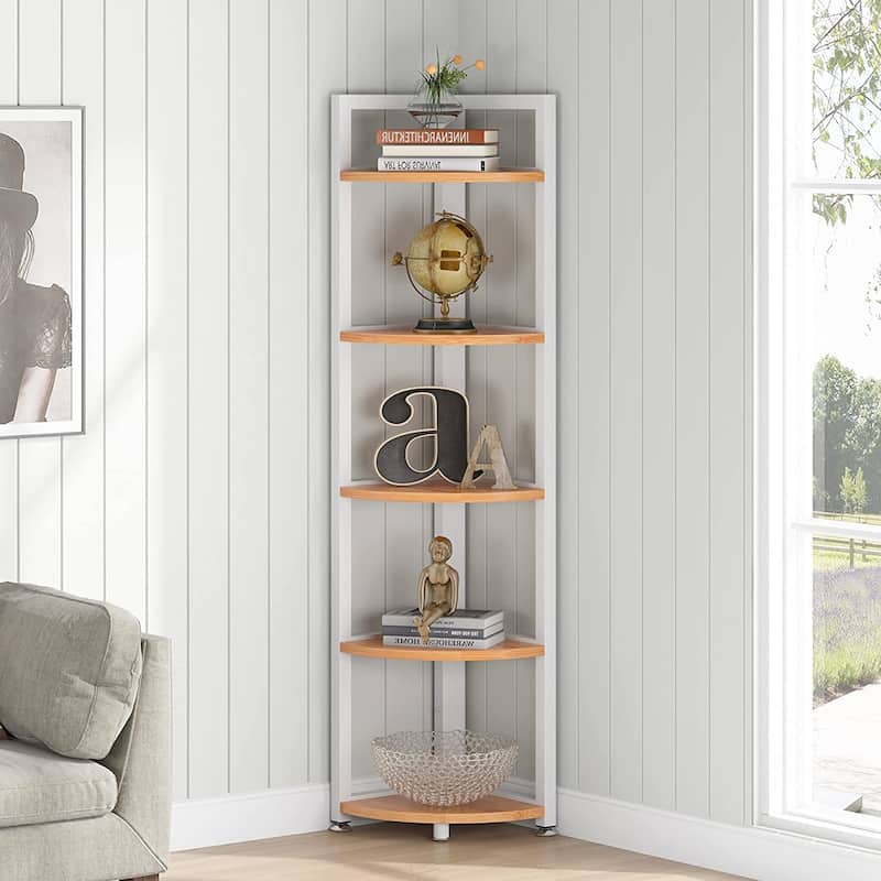 5 Tier Corner Shelves, Rustic Industrial Corner Bookshelf Bookcase