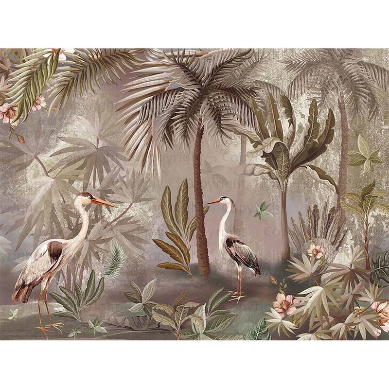 Serene Tropical Oasis Wallpaper Mural Herons and Palm Trees - Brown - W:131" x H:118"