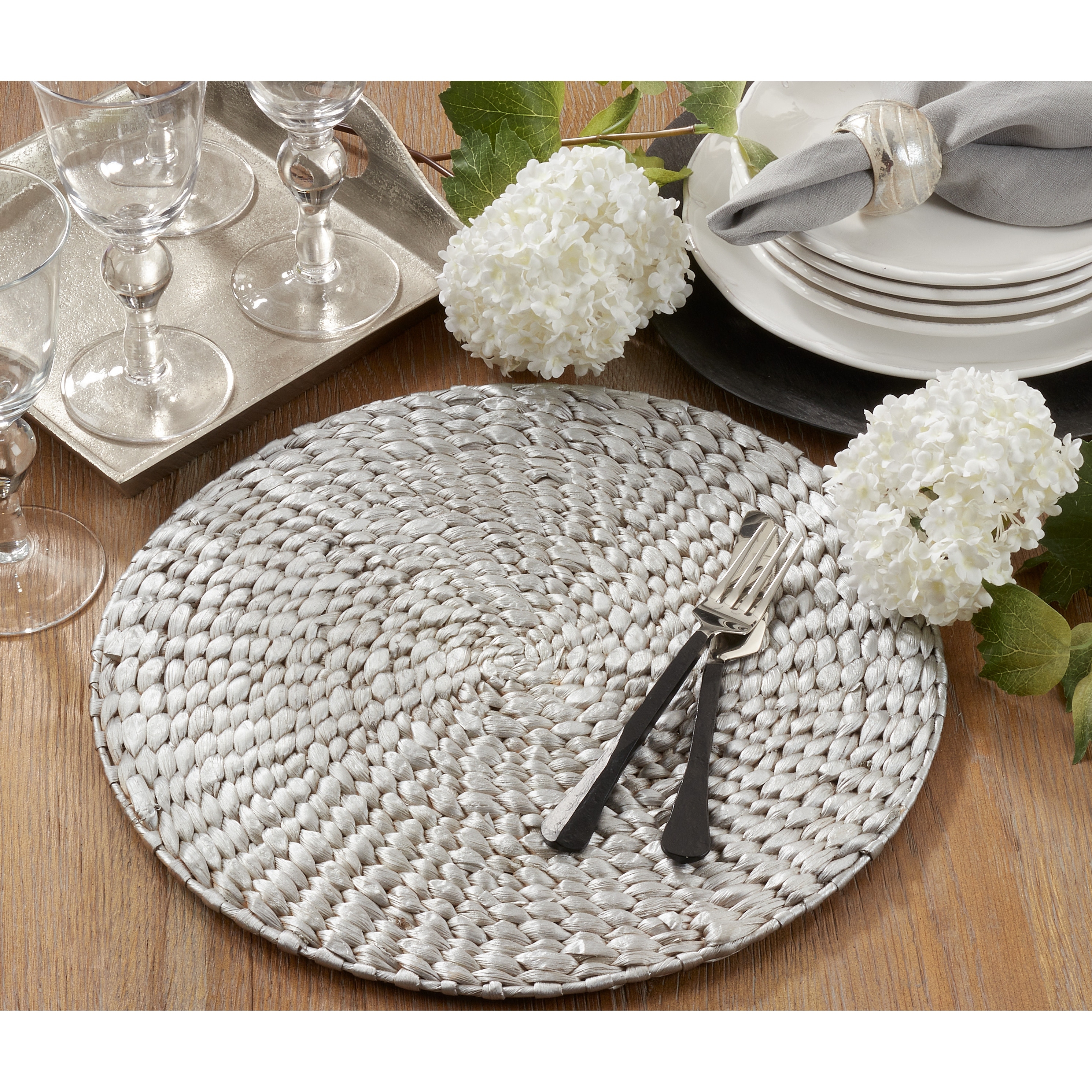 Set of 4 SARO LIFESTYLE Natural Water Hyacinth Round Hand Woven Rattan Placemat 15 Gold 15 Gold 1404.GL15R
