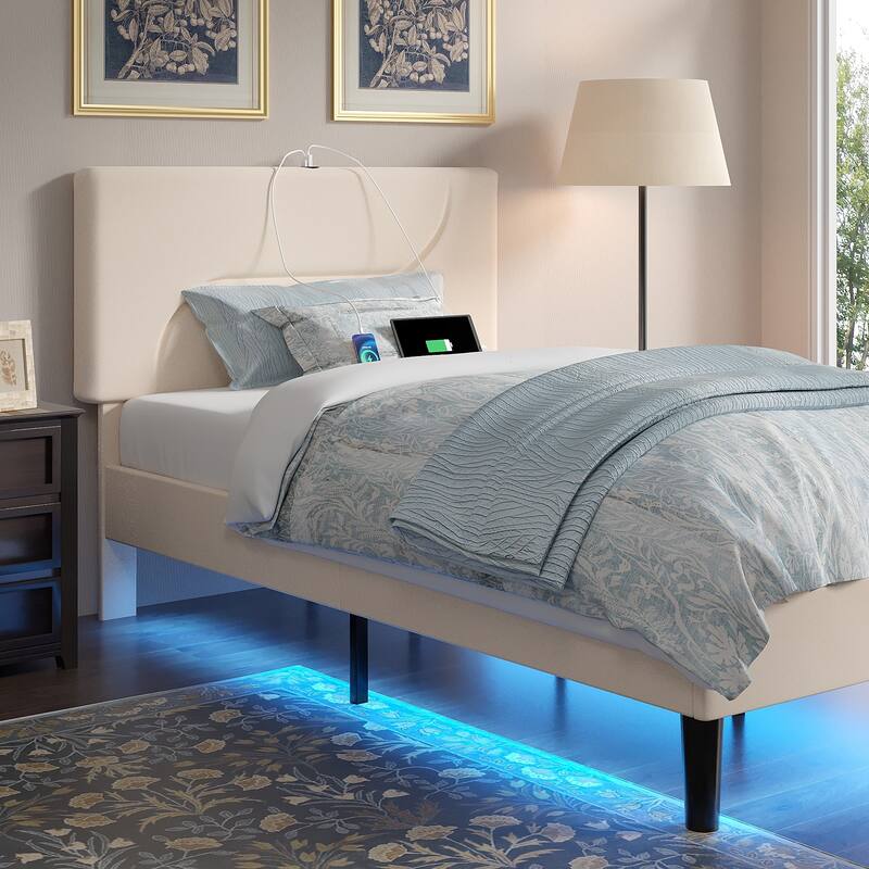 VECELO Platform Twin Bed Frame with Charging Stations and LED Lights,Kids Bed Set of 2, Strong Wooden Slats Support