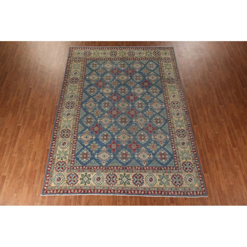 Blue Geometric Kazak Oriental Area Rug Handmade Wool Carpet - 9'2" x 12'4"