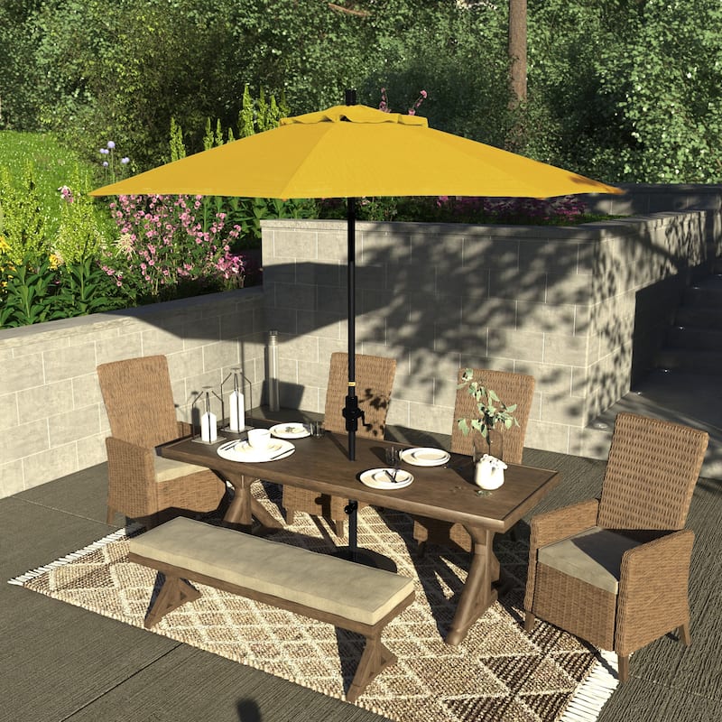 California Umbrella 9' Rd Patio Umbrella Black Aluminum Frame Fiberglass Ribs Crank Lift Collar Tilt, Olefin Royal Blue Fabric - Lemon