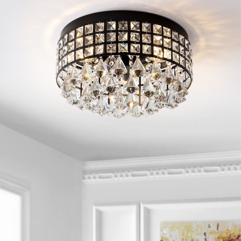 Evelyn 14.5" 3-Light Crystal Drops/Metal LED Flush Mount, Black by JONATHAN Y