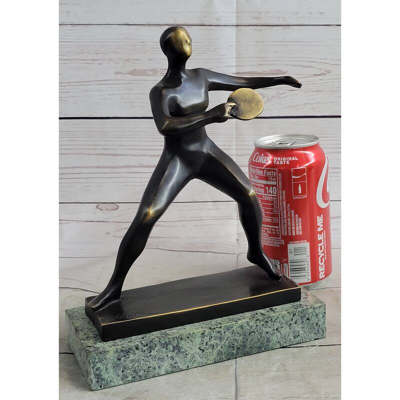 Ping Pong Bronze Metal Sculpture Statue Trophy Figure On Green Marble Base