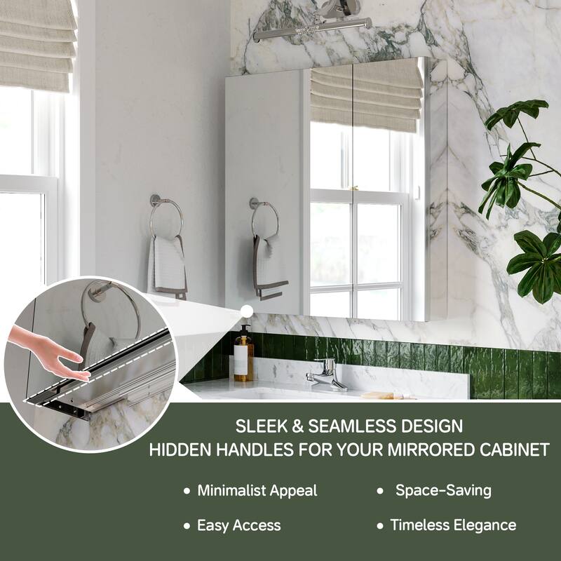 30x30 Mirrored Medicine Cabinet, Dual-Swing, Tri-View, Copper-Free, Blum Soft-Close, Recessed/Surface, Chrome Aluminum