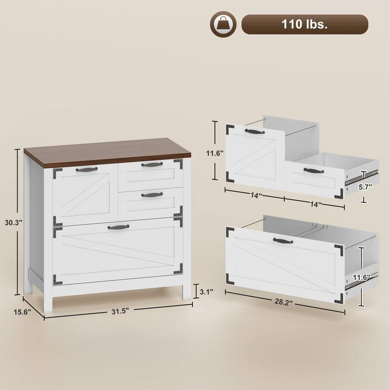 HOMCOM 4 Drawer File Cabinet, Farmhouse Lateral Filing Cabinet with Adjustable Hanging Rails for Letter/A4/Legal Size Files
