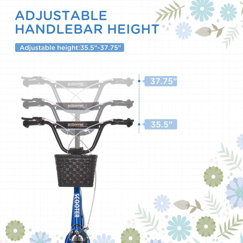 Kids Adjustable Scooter with Dual Brakes Large Rubber Wheels Textured Deck Basket and Cup Holder for Age 5 to 12