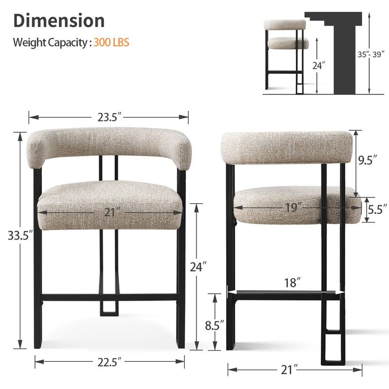 25" Seat Height Upholstered Tweed Black Matel Counter Stool