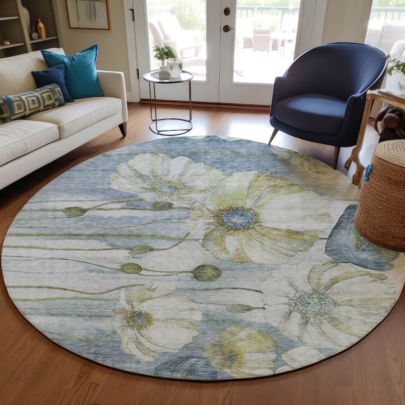 Machine Washable Indoor/ Outdoor Chantille Modern Floral Rug - Blue - 8' x 8'