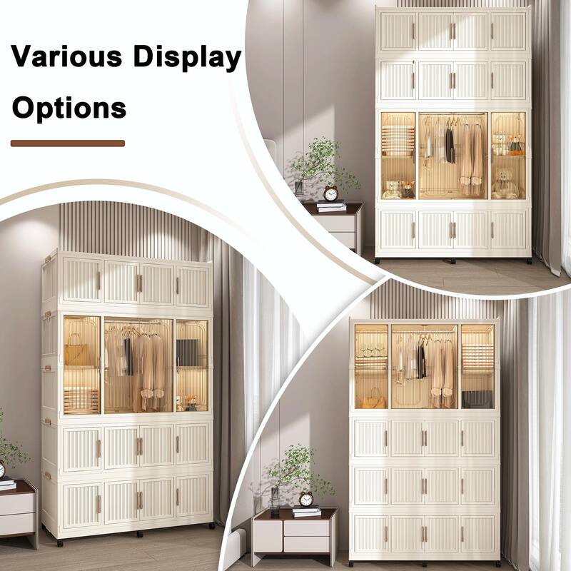 Portable Wardrobe Closet Storage Organizer - 17 Magnetic Doors, 17 Cubes & 1 Hanging Rod, Includes 6 Hangers