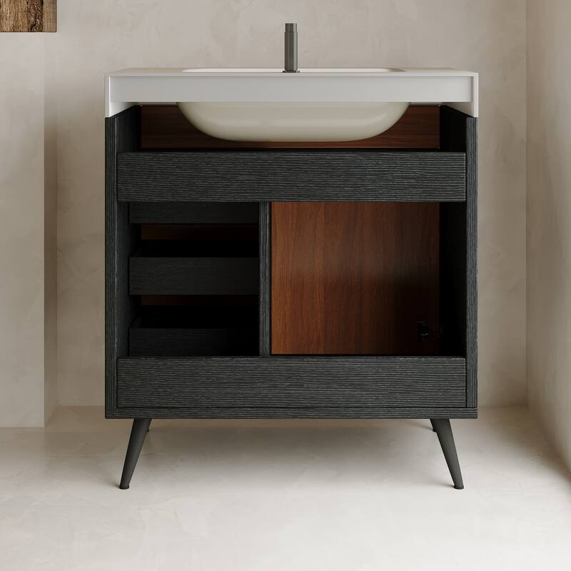 GDFStudio - Bristol Modern 29.9" Freestanding Bathroom Vanity with Sintered Stone Top, Ceramic Sink & Stainless Steel Legs