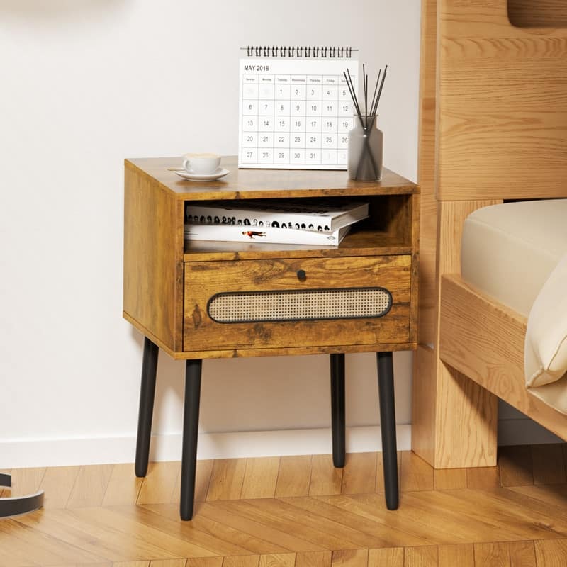 Mixoy Nightstand with Storage,Wooden End Table with Rattan Decor Drawer and Black Legs,Modern Bedside Table