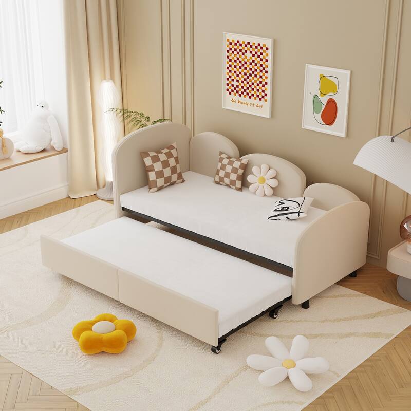 Twin Size Velvet Upholstered Flower Design Daybed with Storage Drawer, Multi-Functional Sofa Bed for Kids Room, Living Room