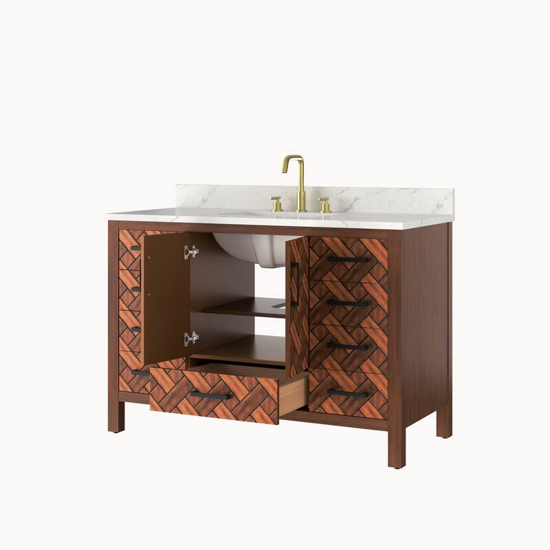 48" Freestanding Bathroom Vanity with Engineered Stone Top, Ceramic Sink, Built-In Power Outlet, and Hair Dryer Storage